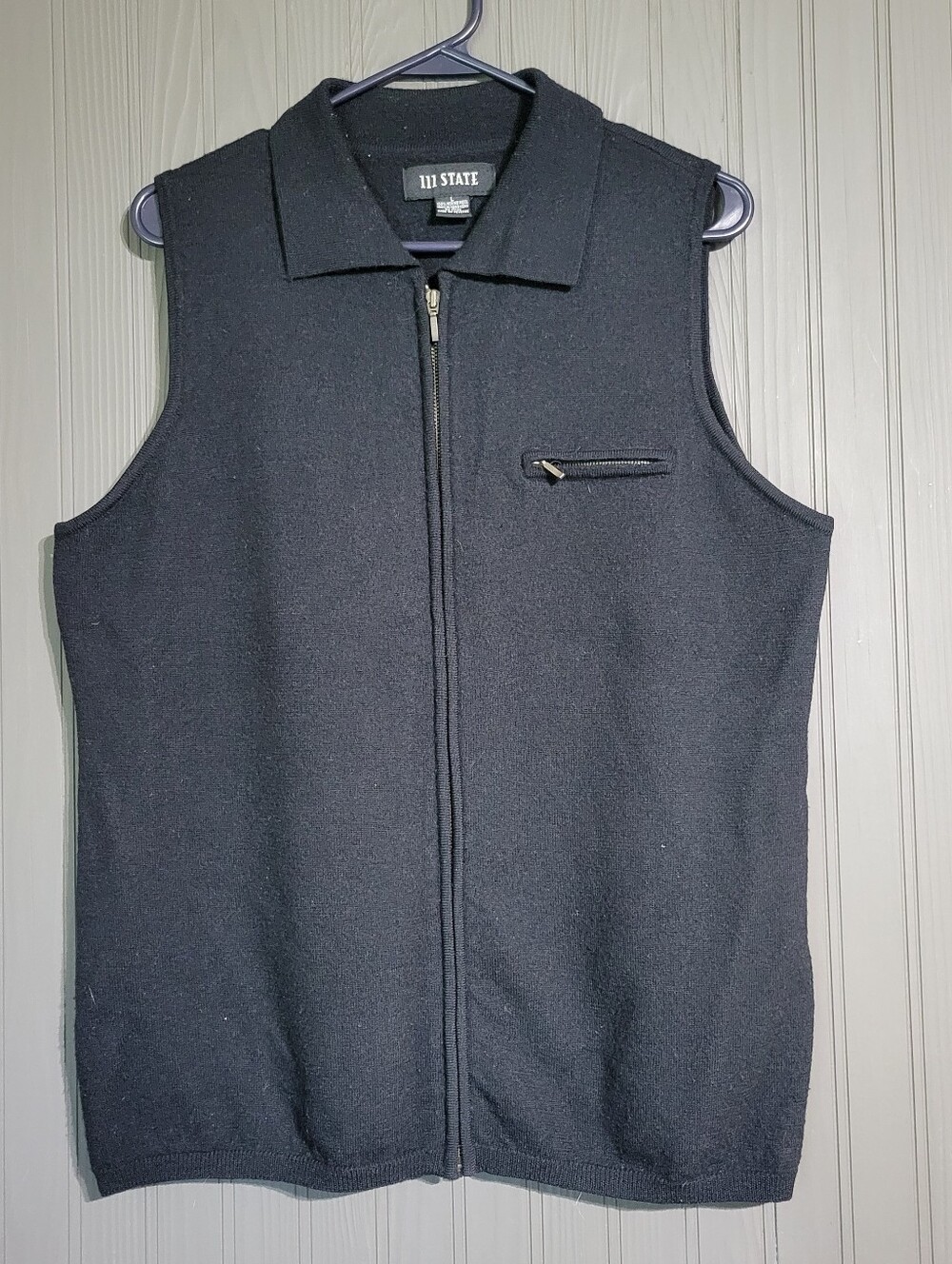 111 State Sleeveless Full-Zip Vest 100% Merino Wool Collard Black Men's Large